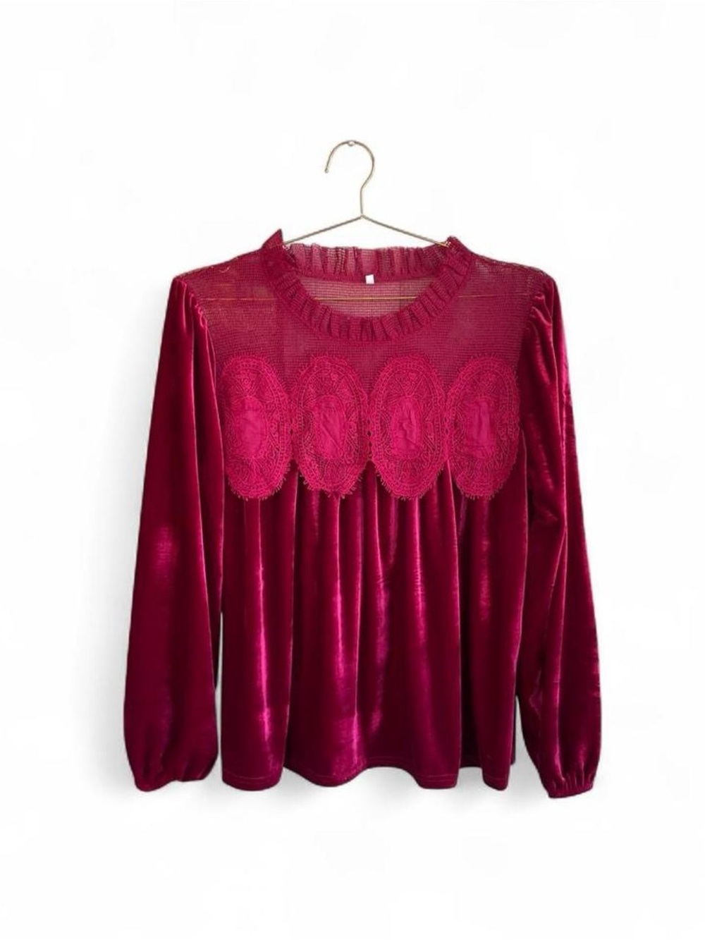 Burgundy Velvet Crochet Lace Babydoll Blouse Size L Whimsigoth